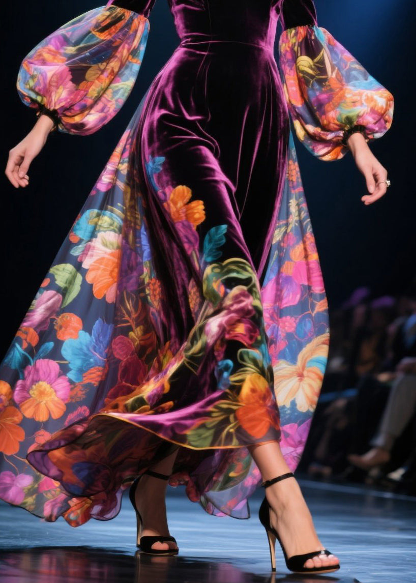 Cold Shoulder Print Patchwork Velour Dress Autumn