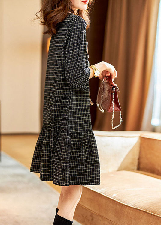 Black V Neck Plaid Bow Dresses Spring