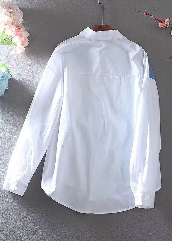 Diy White Patchwork Denim Cotton Fake Two Piece Blouse Tops Spring