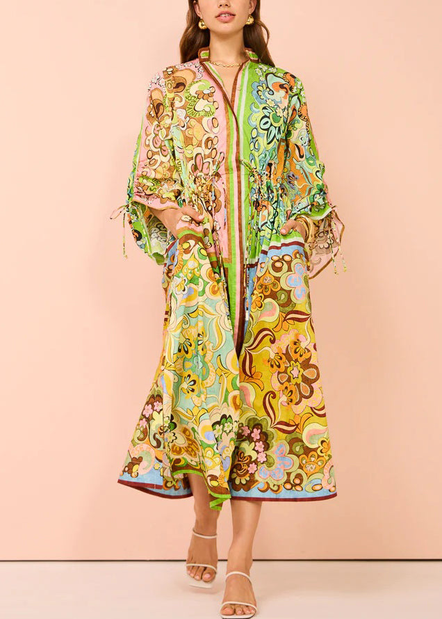 Green Lace Up Print Pockets Cotton Shirts Dress Spring