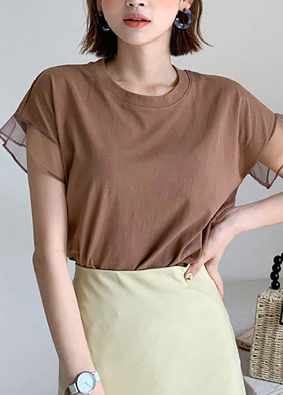 Chocolate O-neck Tulle Patchwork Ruffled Cotton T Shirts Short Sleeve