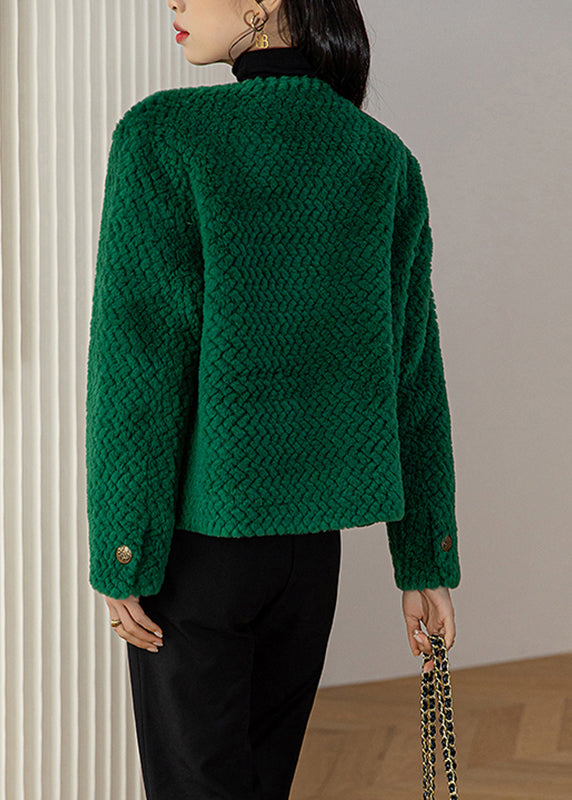 Green O-neck Button Woolen Coat Long Sleeve
