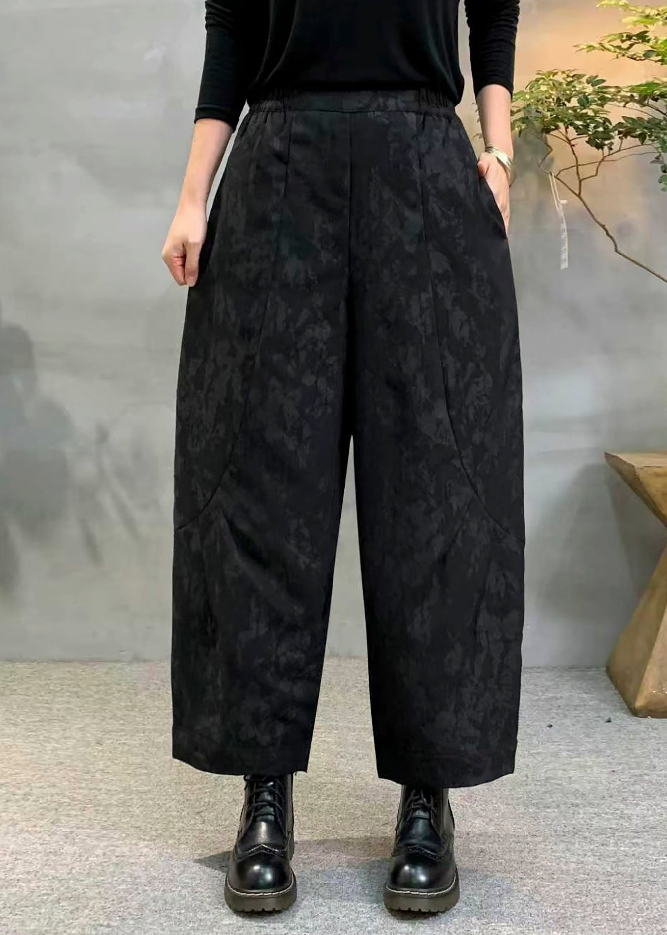 Black Oversized Jacquard Fine Cotton Filled Harem Pants Winter