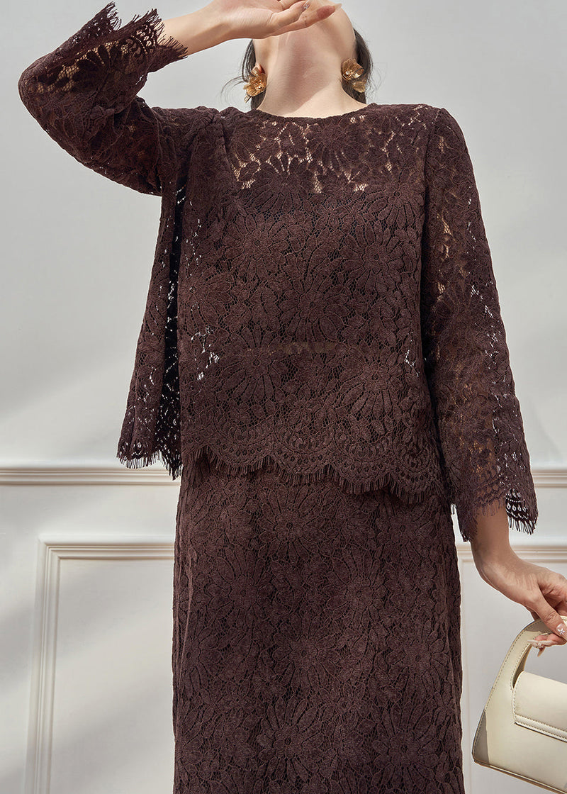 Coffee O Neck Hollow Out Lace Two Pieces Set Fall