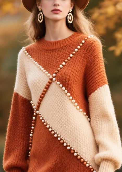 Brown Nail Bead Patchwork Faux Fur Knitwear Dress Winter