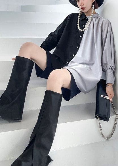 Black Patchwork Button Asymmetrical Design Fall Long Sleeve Shirt Top