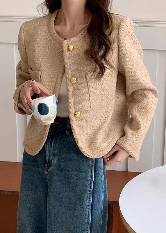 Khaki O Neck Button Patchwork Cotton Coats Fall