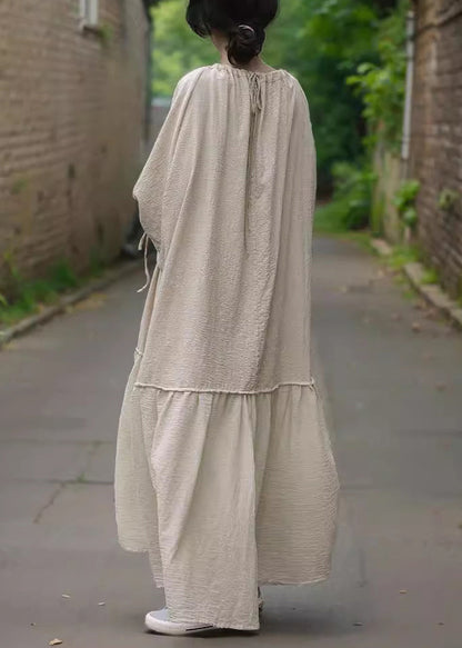 Beige O-neck Drawstring Patchwork Maxi Dress Bracelet Sleeve