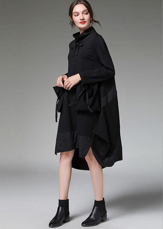 Simple Black Patchwork Asymmetrical Design Pockets Robe Dresses Fall