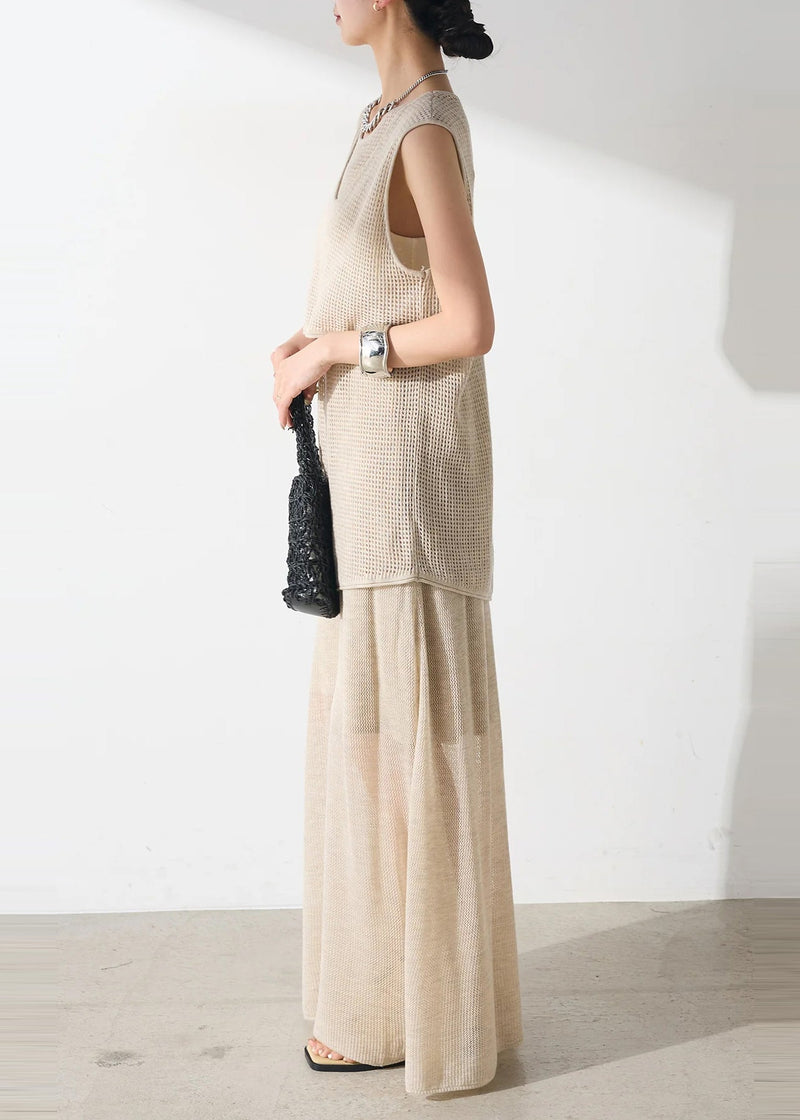 Beige Asymmetrical Hollow Out Tulle Two Piece Set Outfits Sleeveless