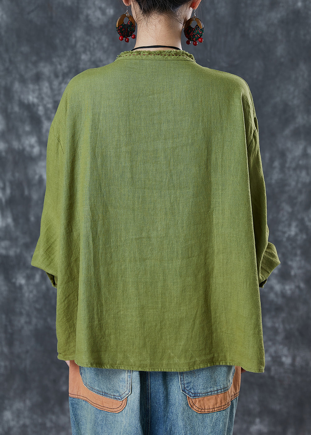 Grass Green Embroidered Linen Blouses Spring