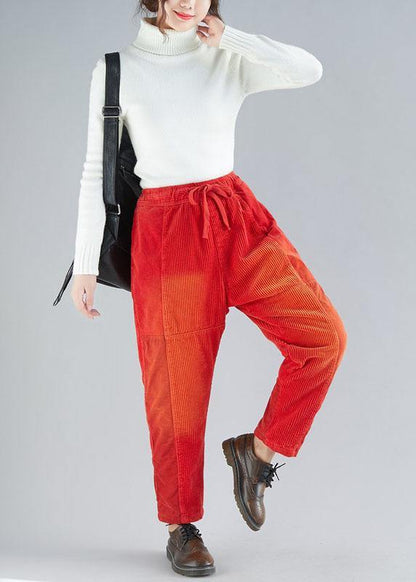 Red Retro Colorblock Tie Waist Fall Corduroy Pants