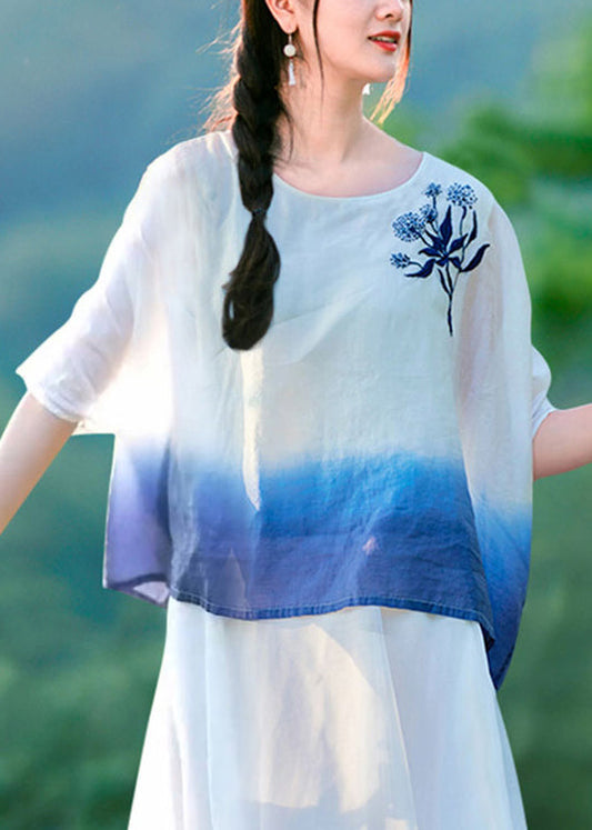 Gradient Color O Neck Embroideried Linen T Shirt Summer