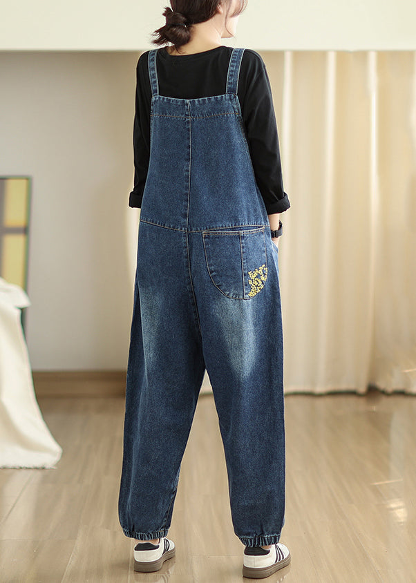 Diy Navy Embroideried Patchwork Denim Jumpsuits Spring