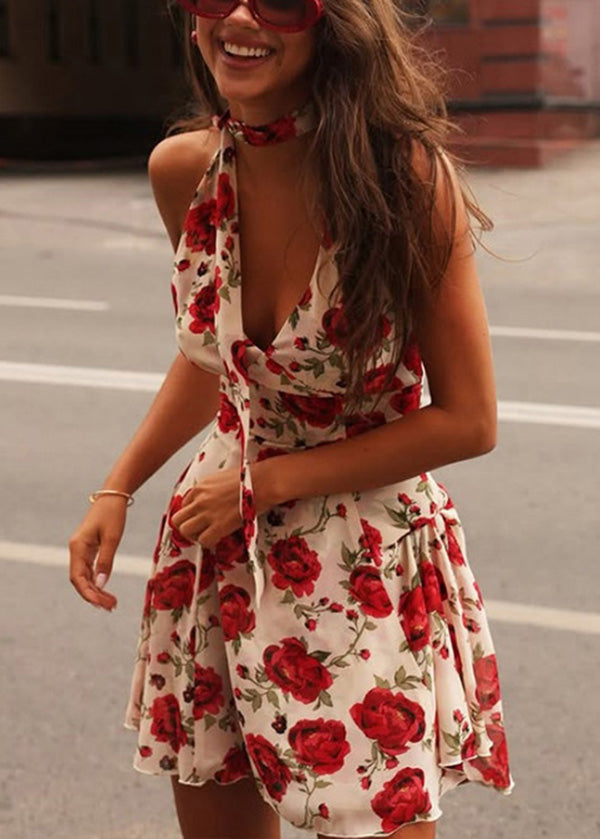 Red Backless Halter Print Cotton Mini Dresses Summer