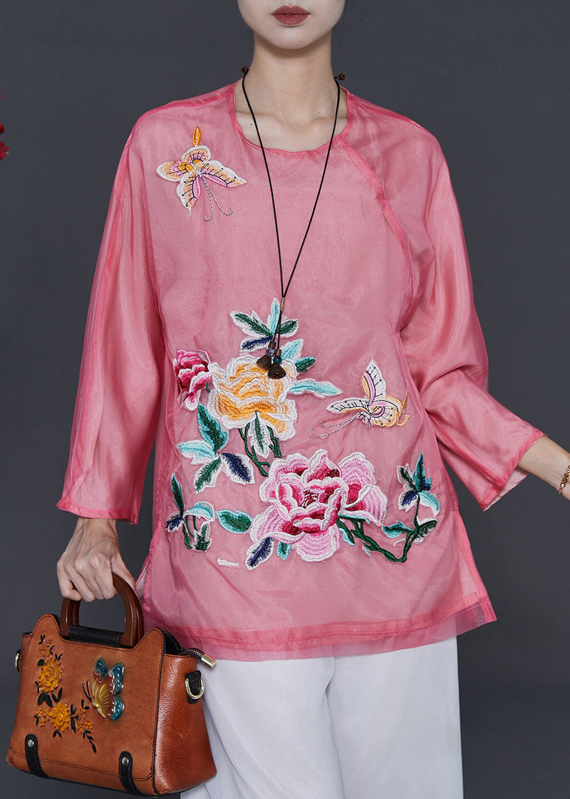 Pink Embroidered Organza Blouses Summer