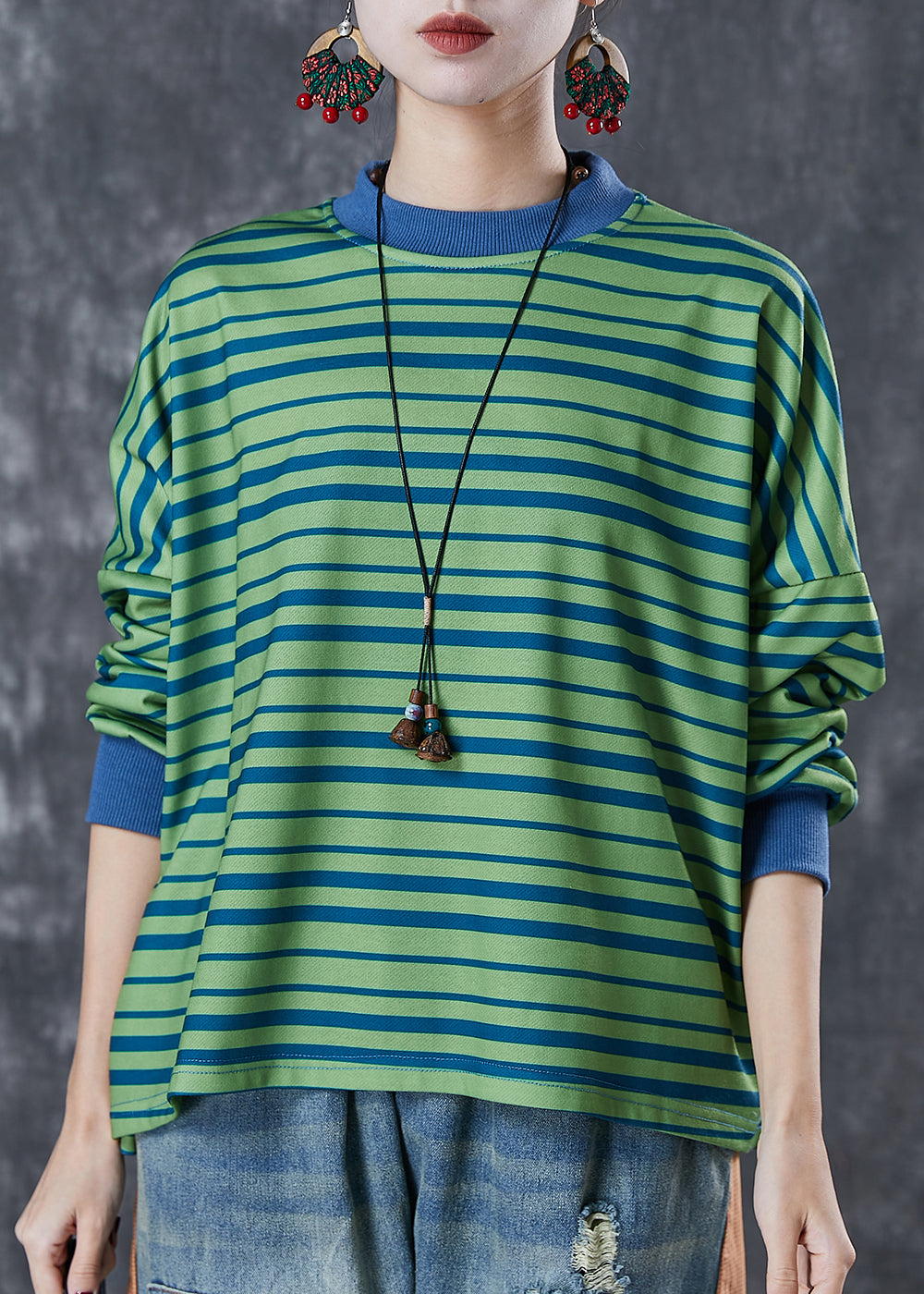 Style Green Oversized Striped Cotton Sweatshirt Spring