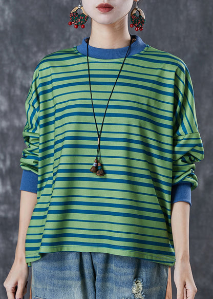 Style Green Oversized Striped Cotton Sweatshirt Spring