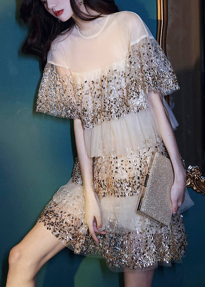 Dinner O-neck Nail Bead Wrinkled Tulle Mid Dress Short Sleeve Summer