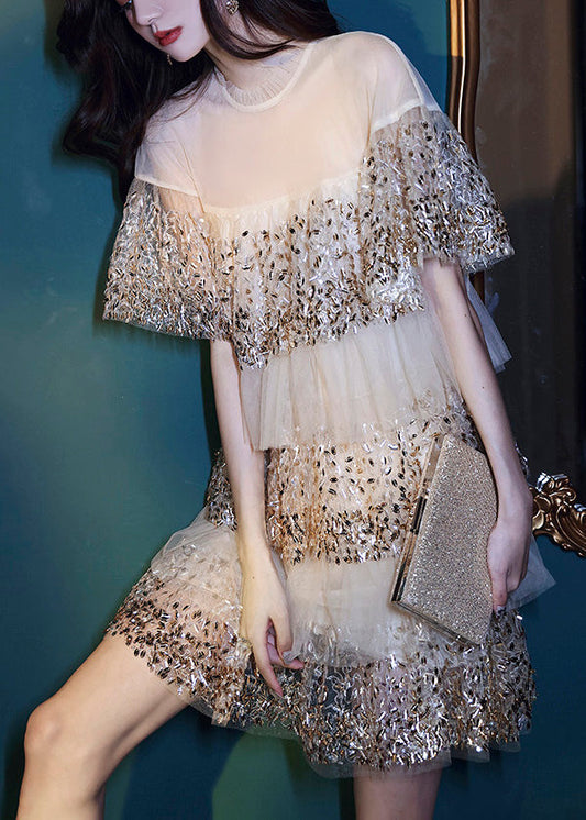 Dinner O-neck Nail Bead Wrinkled Tulle Mid Dress Short Sleeve Summer