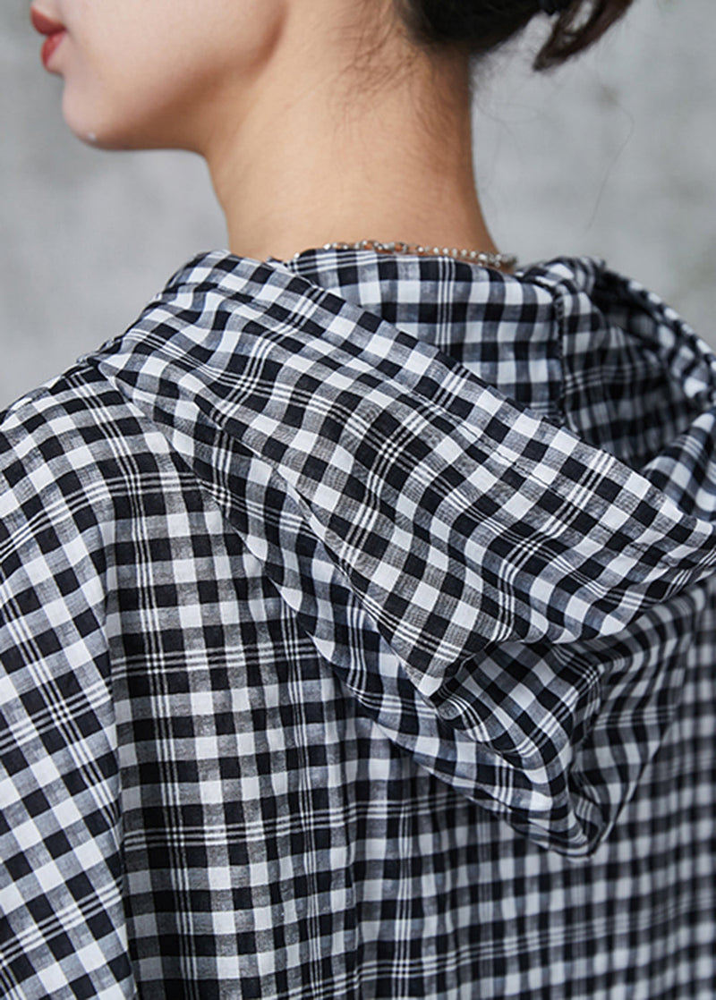 Grey Hooded Plaid Linen Long Shirt Summer