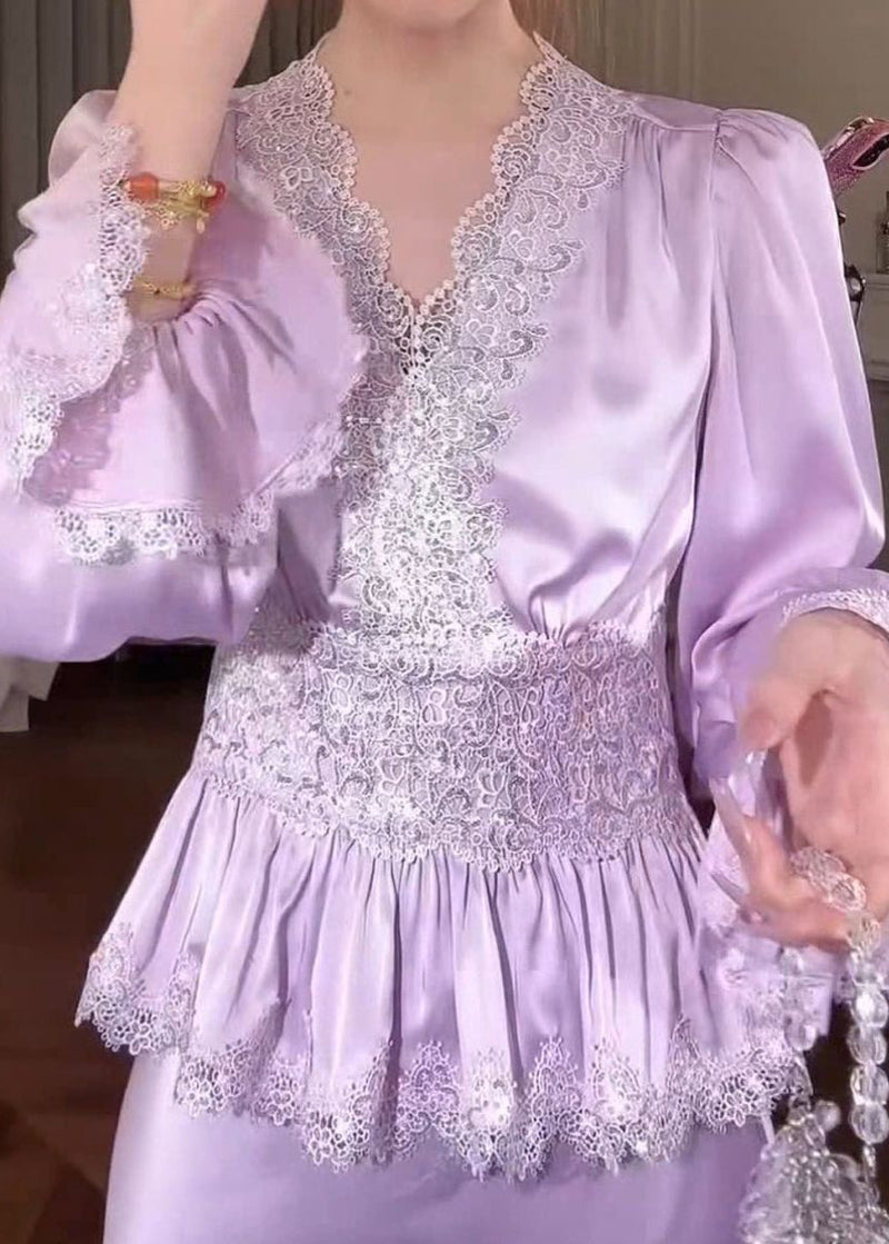 Purple Lace Patchwork Silk Blouse Tops V Neck Fall