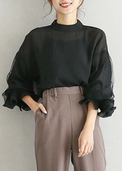 Diy Pink O-neck Tulle Patchwork Chiffon Shirt Lantern Sleeve