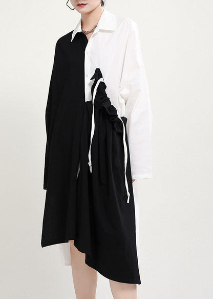 Black White Patchwork Asymmetrical Design Fall Dress Long Sleeve