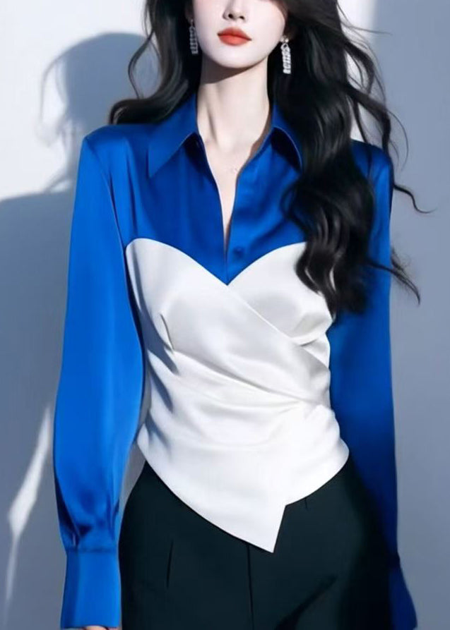 Red Peter Pan Collar Patchwork Silk Shirt Spring