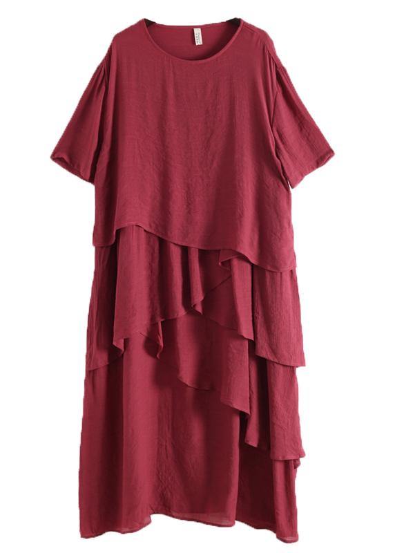 French Red Asymmetrical Design Patchwork Cotton Linen Dress