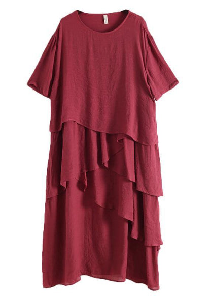 French Red Asymmetrical Design Patchwork Cotton Linen Dress