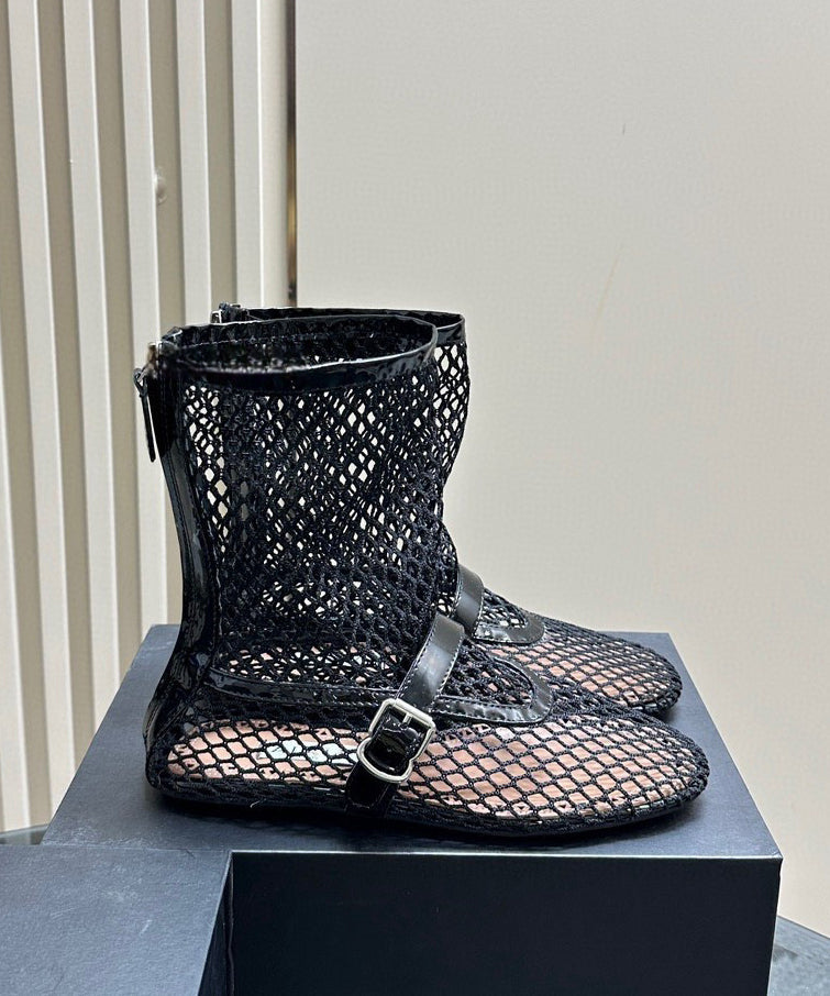 Black Hollow Out Breathable Mesh Splicing Buckle Strap Flat Boots