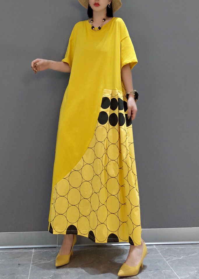 Italian Yellow O-neck Wrinkled Patchwork Maxi Dresses Spring