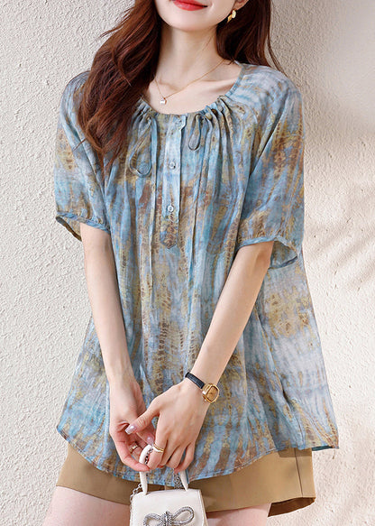 Blue Print Drawstring Cotton Tops Summer