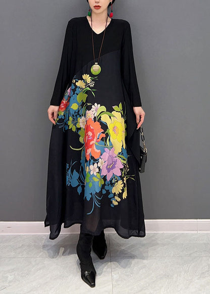 Black V Neck Patchwork Print a Line Dress Spring