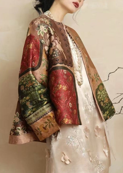 Chinese Style Yellow O-neck Print Silk Coats Spring