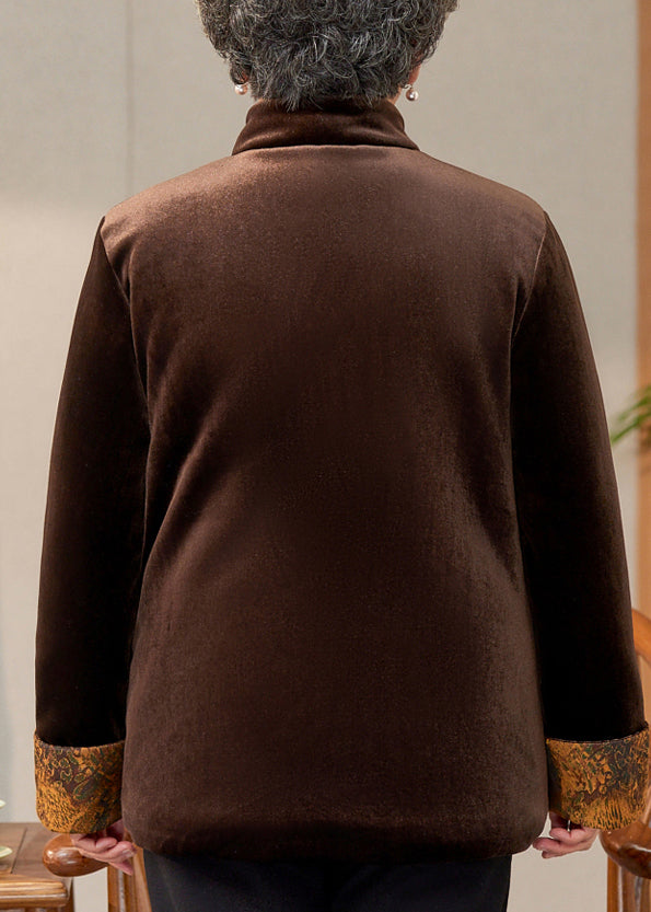 Coffee Print Pockets Silk Velvet Warm Coats Spring