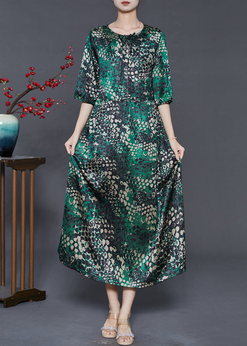 Green Print Tie Waist Silk Dress Summer