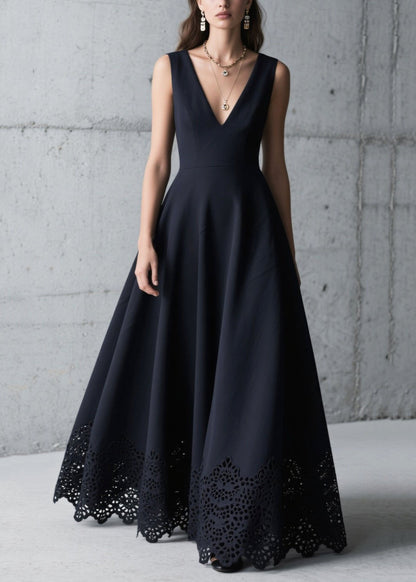 Fitted Black Hollow Out Exra Large Hem Chiffon Dress Summer