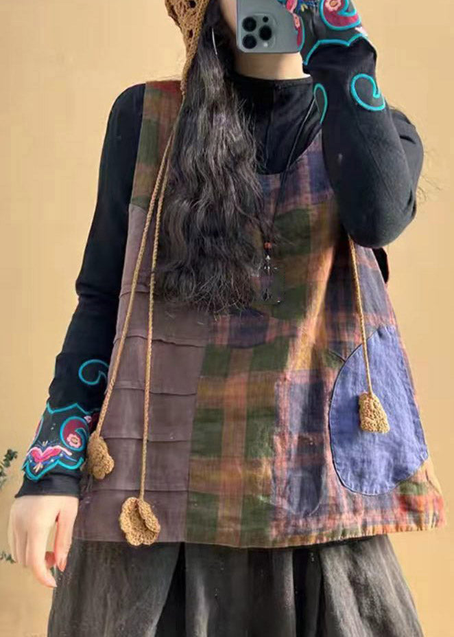 O-neck Plaid Patchwork Pockets Linen Vest Sleeveless
