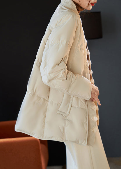 Beige V Neck Patchwork Duck Down Puffers Jackets Winter