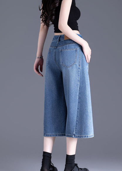 Blue Pockets Denim Crop Pants Summer