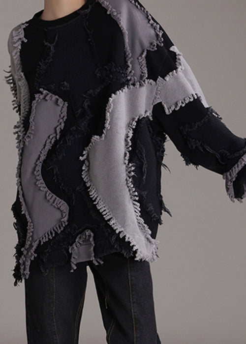 Black O-neck Patchwork Cotton Sweatshirts Long Sleeve