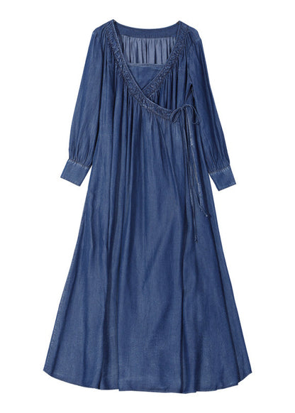 Blue Square Collar Tie Waist Cotton Dresses Long Sleeve