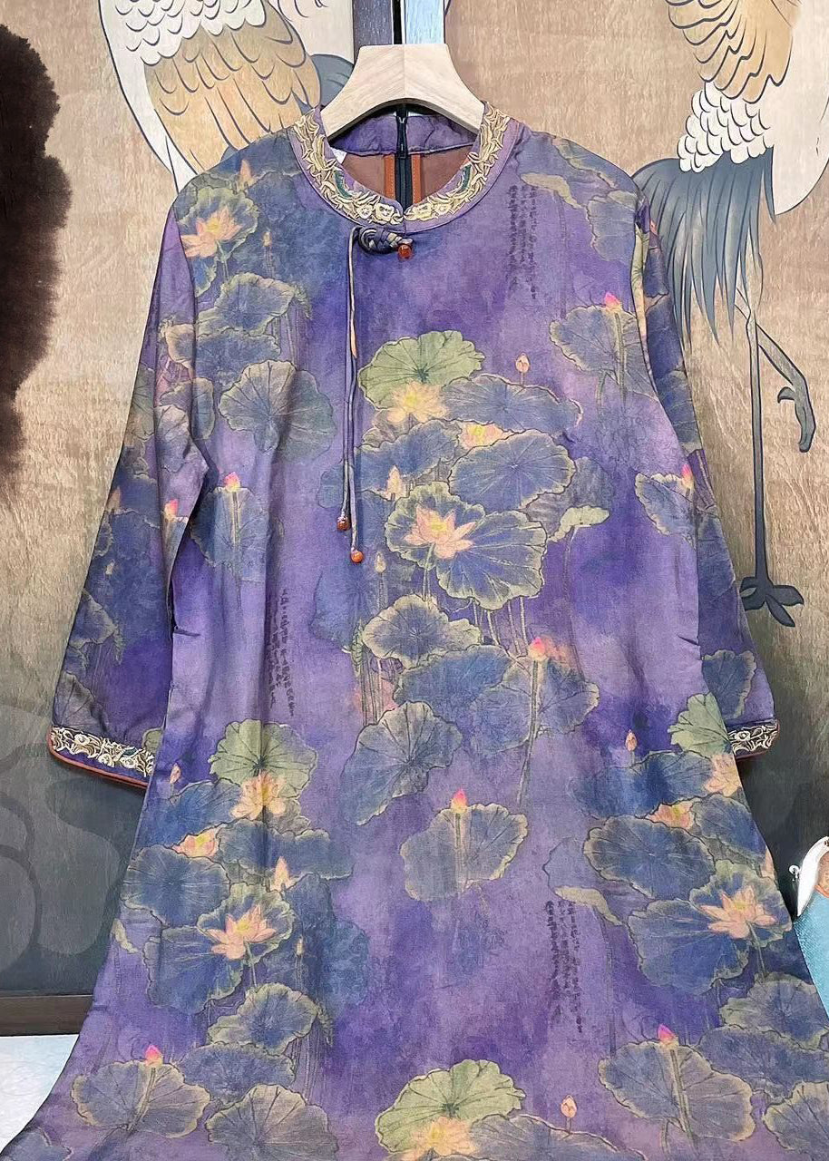 Purple Tasseled Embroideried Patchwork Silk Dresses Fall