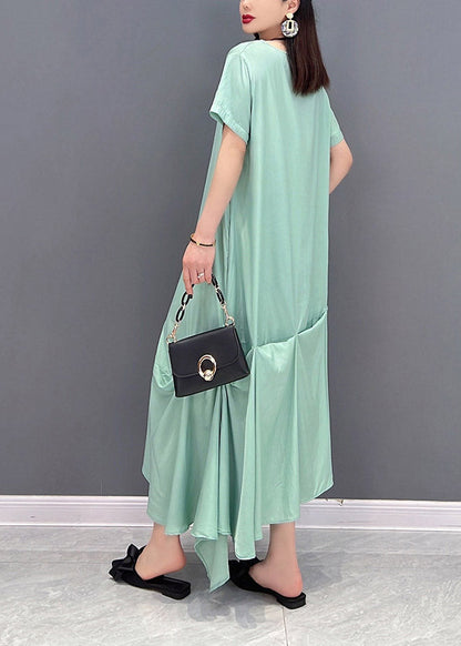 Loose Green O-neck Asymmetrical Pockets Dress Short Sleeve