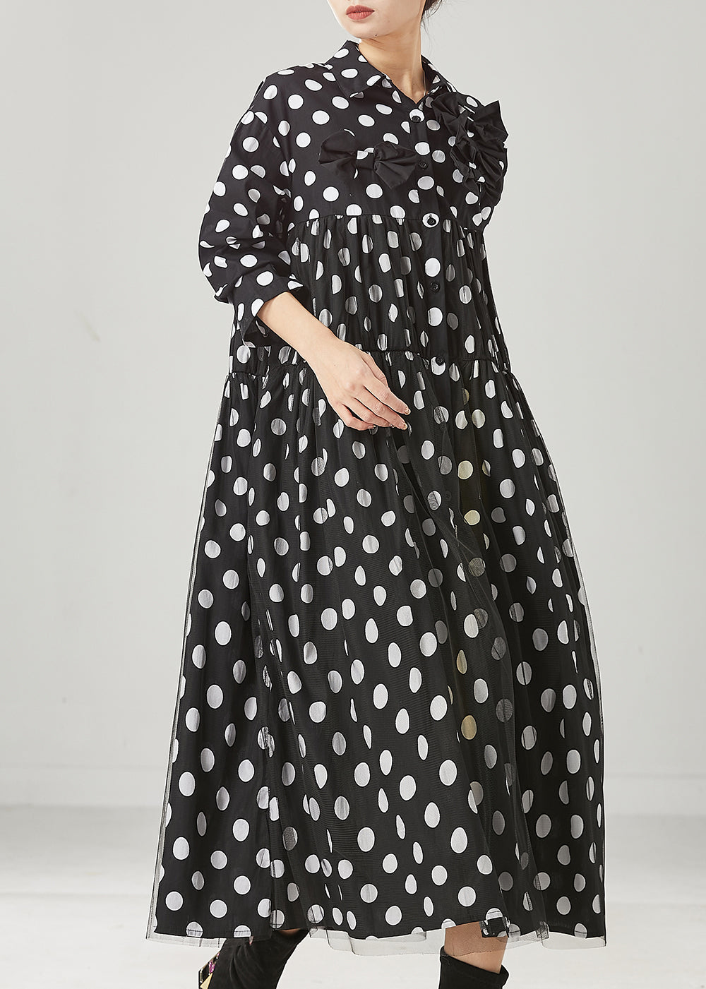 Black Dot Print Bow Tullle Long Dresses Spring