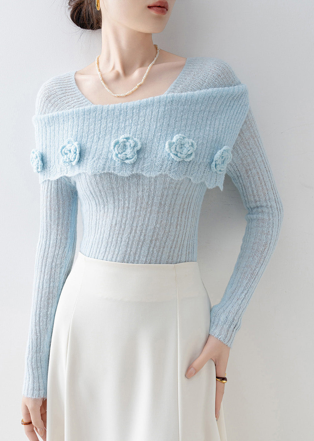 Art Blue Slash Neck Slim Fit Knitted Tops Spring