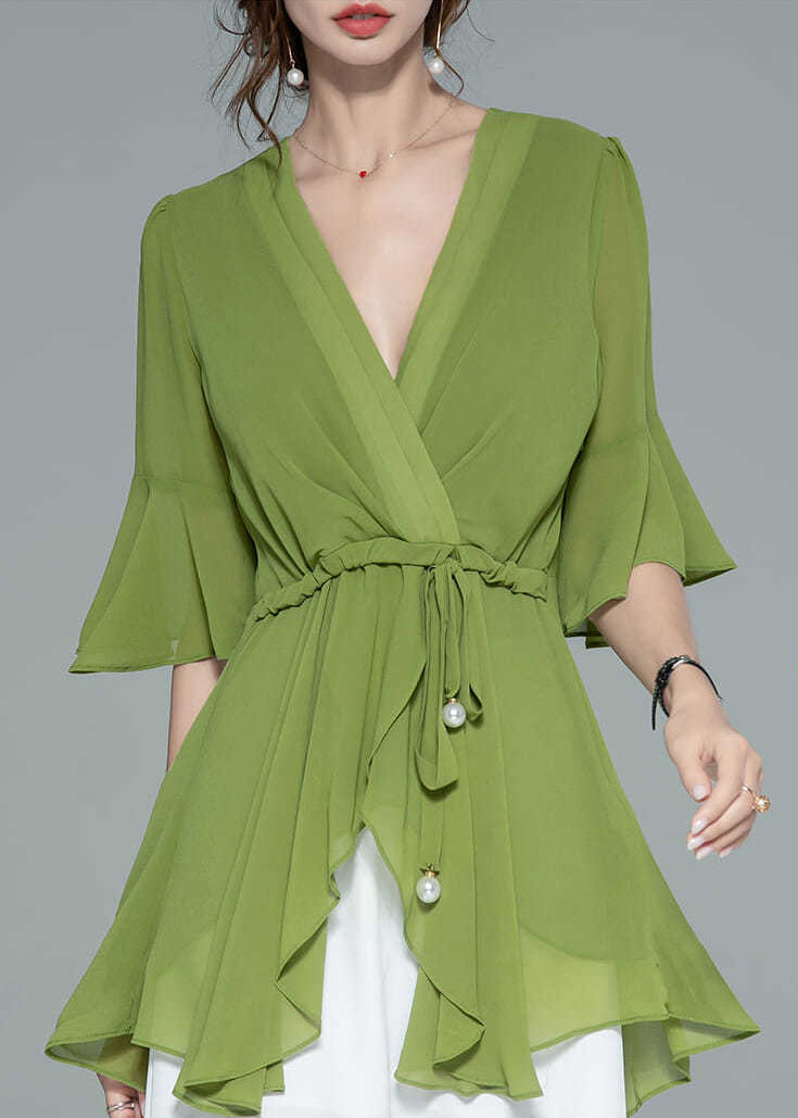 Green Asymmetrical Lace Up Chiffon Shirt Half Sleeve