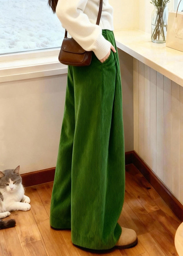 Green Pockets Corduroy Wide Leg Pants Spring